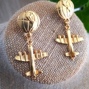 Goldtone Travel Globe and Airplane Earrings for Pierced Ears